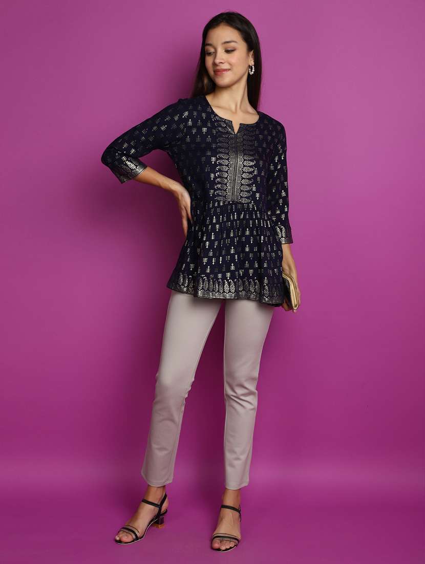 navy blue foil printed a-line kurti - 20594672 -  Standard Image - 4
