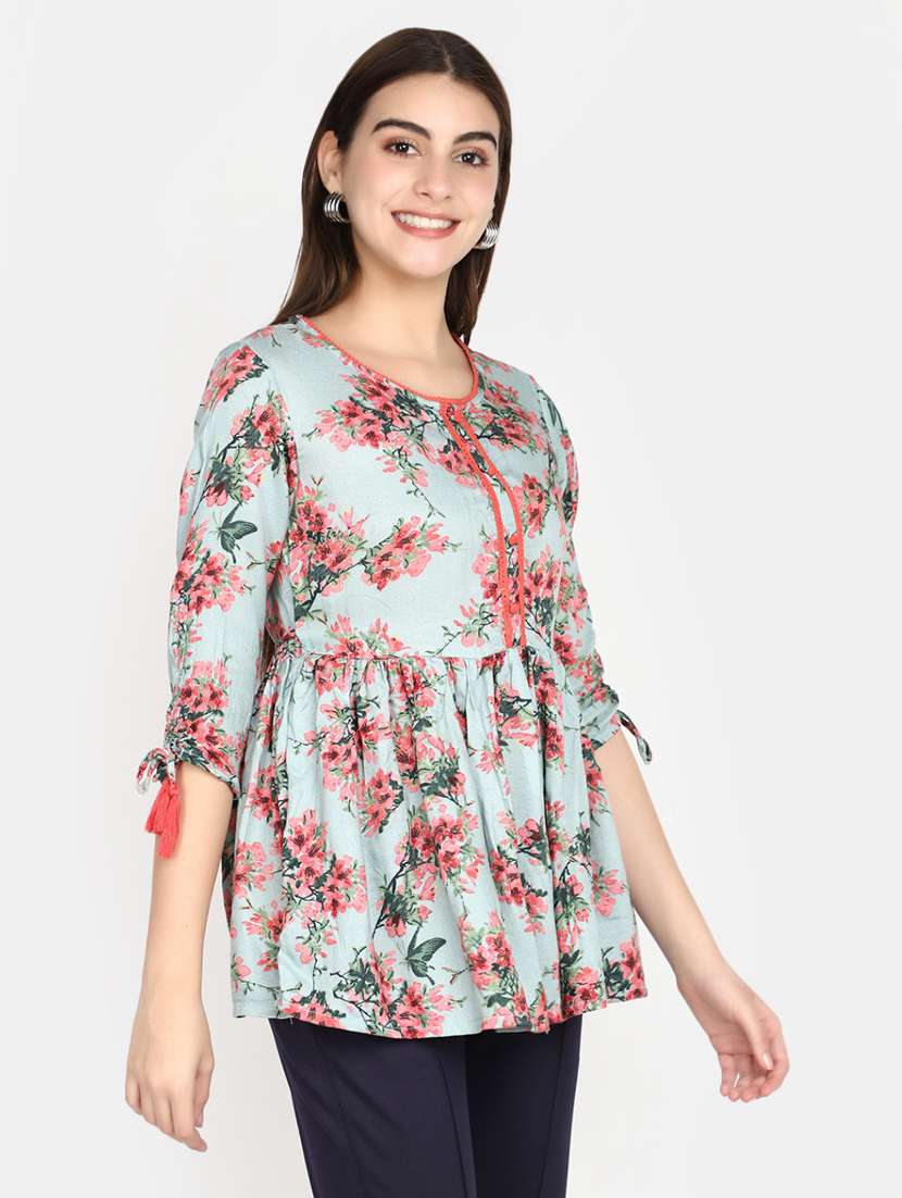 women green round neck floral print kurti - 20594680 -  Standard Image - 1