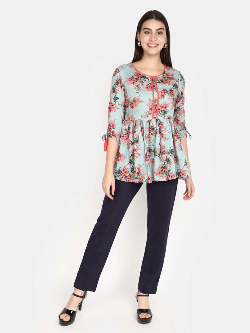 women green round neck floral print kurti - 20594680 -  Standard Image - 4