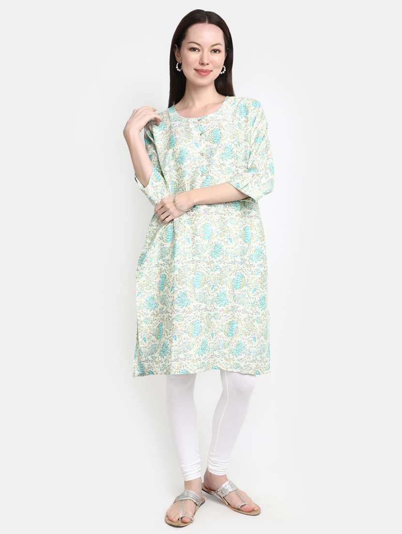 white floral print rayon straight kurta - 20594681 -  Standard Image - 1