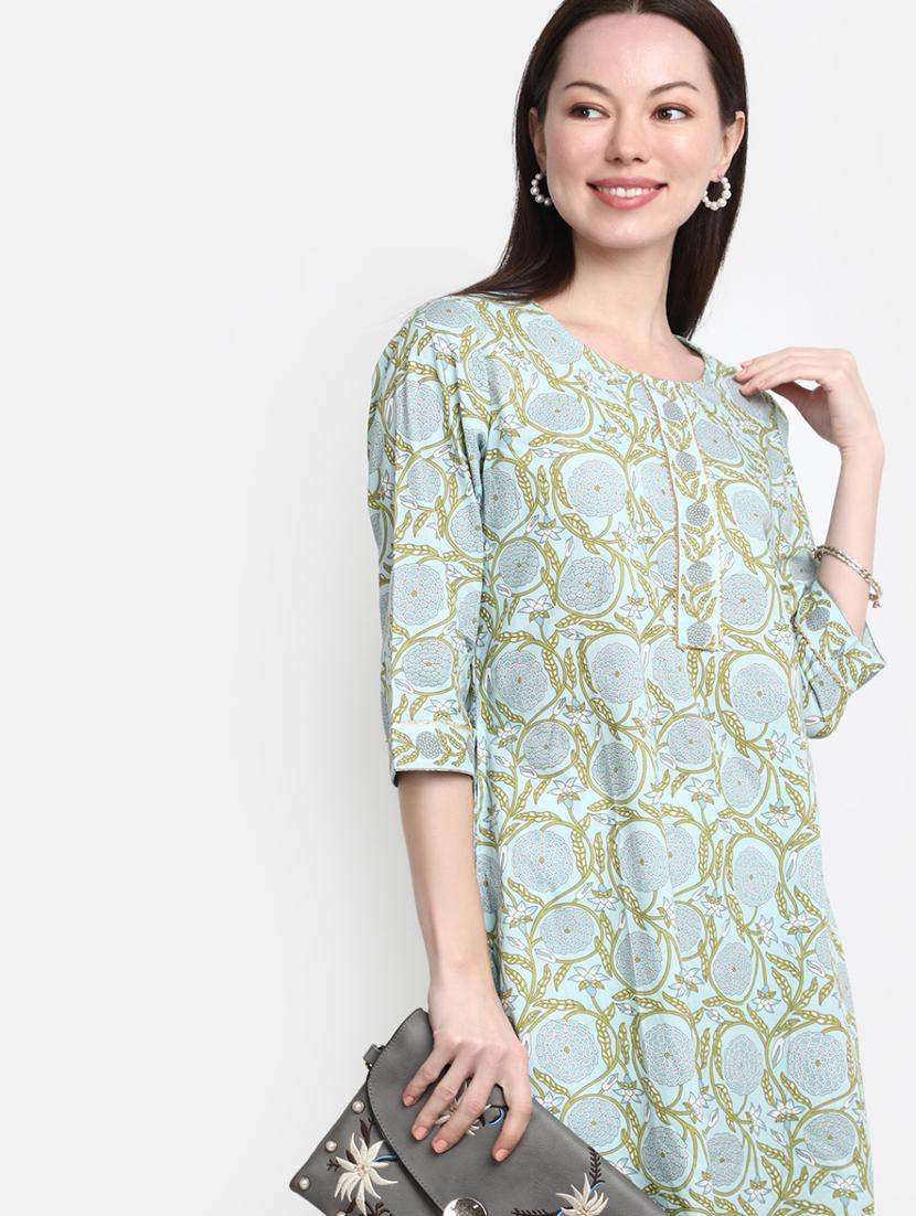 light blue floral print rayon straight kurta - 20594683 - Standard Image - 4
