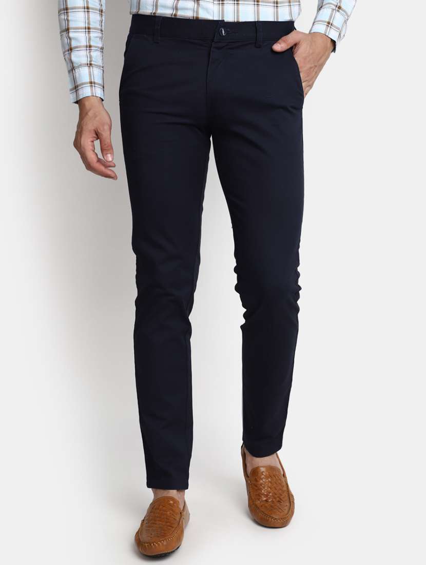 men mid-rise navy blue solid casual chinos