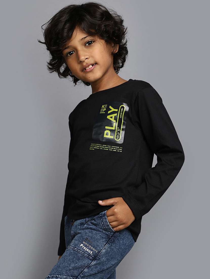 boys black full sleeve printed t-shirt - 20595251 -  Standard Image - 1
