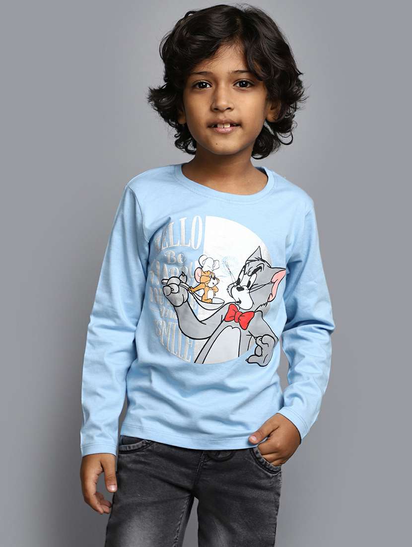 blue cotton blend round neck t-shirts