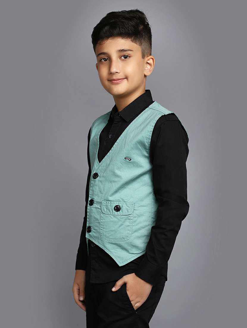 boys black shirt with green nehru jacket - 20595394 -  Standard Image - 1