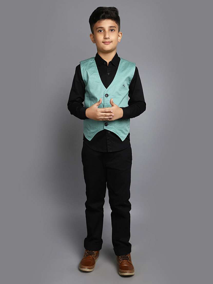 boys black shirt with green nehru jacket - 20595394 -  Standard Image - 4