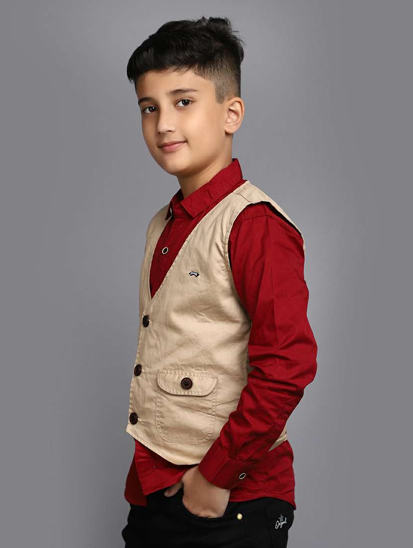 boys red shirt with beige nehru jacket - 20595395 -  Standard Image - 1