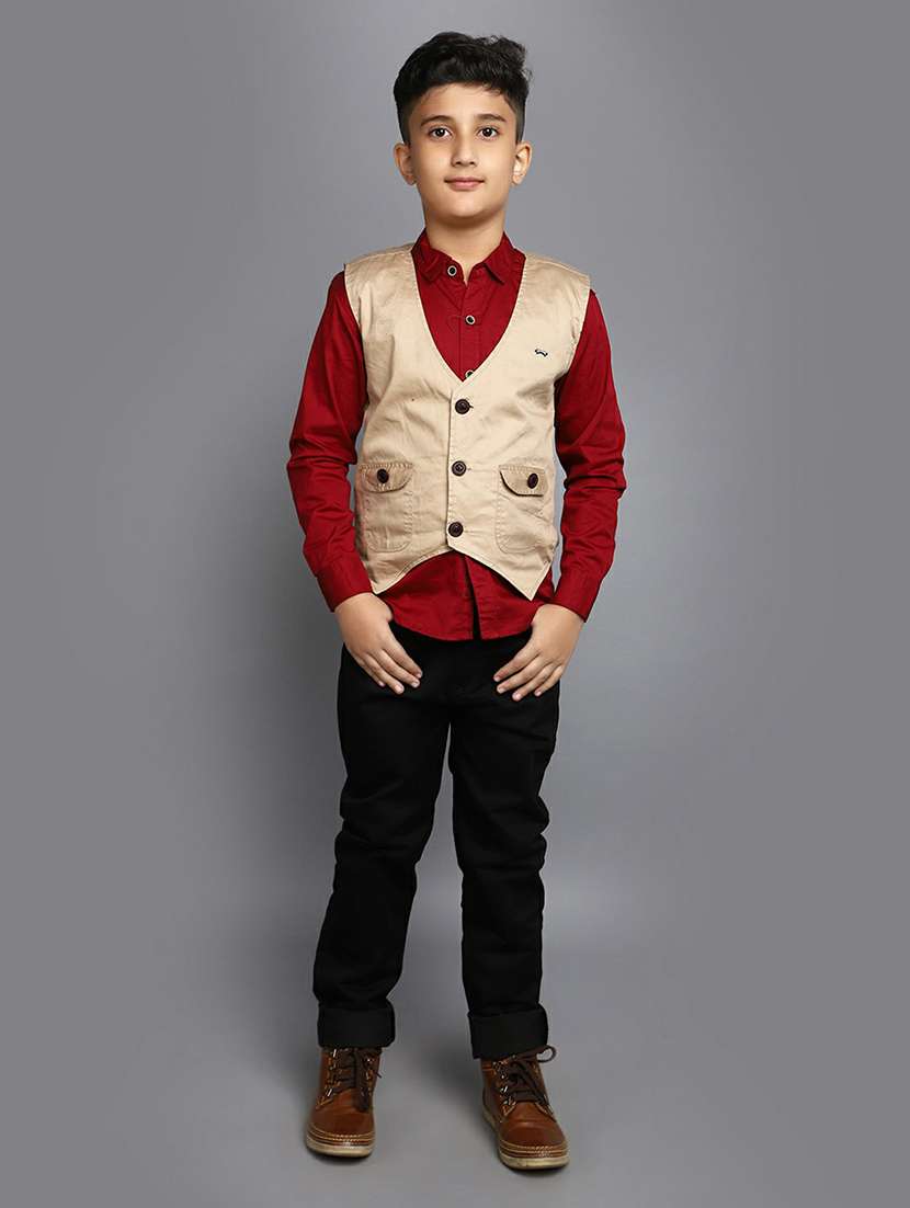 boys red shirt with beige nehru jacket - 20595395 -  Standard Image - 4