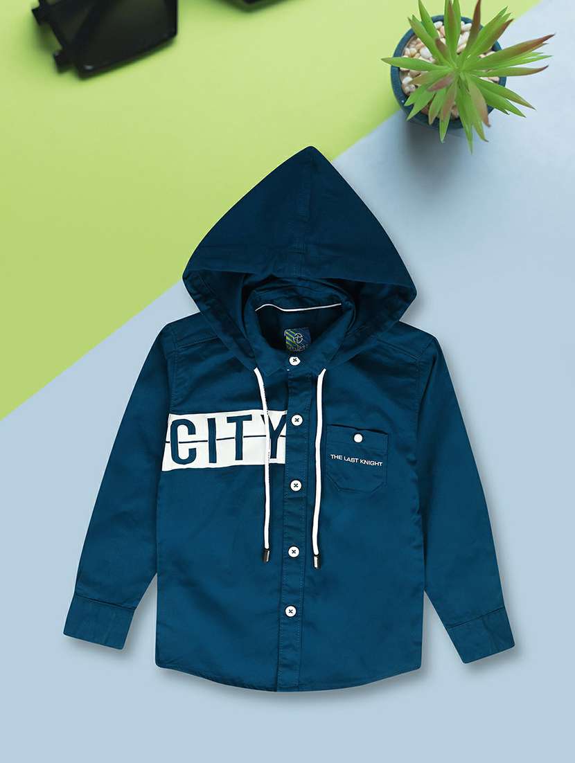 boys blue typographic hooded shirt