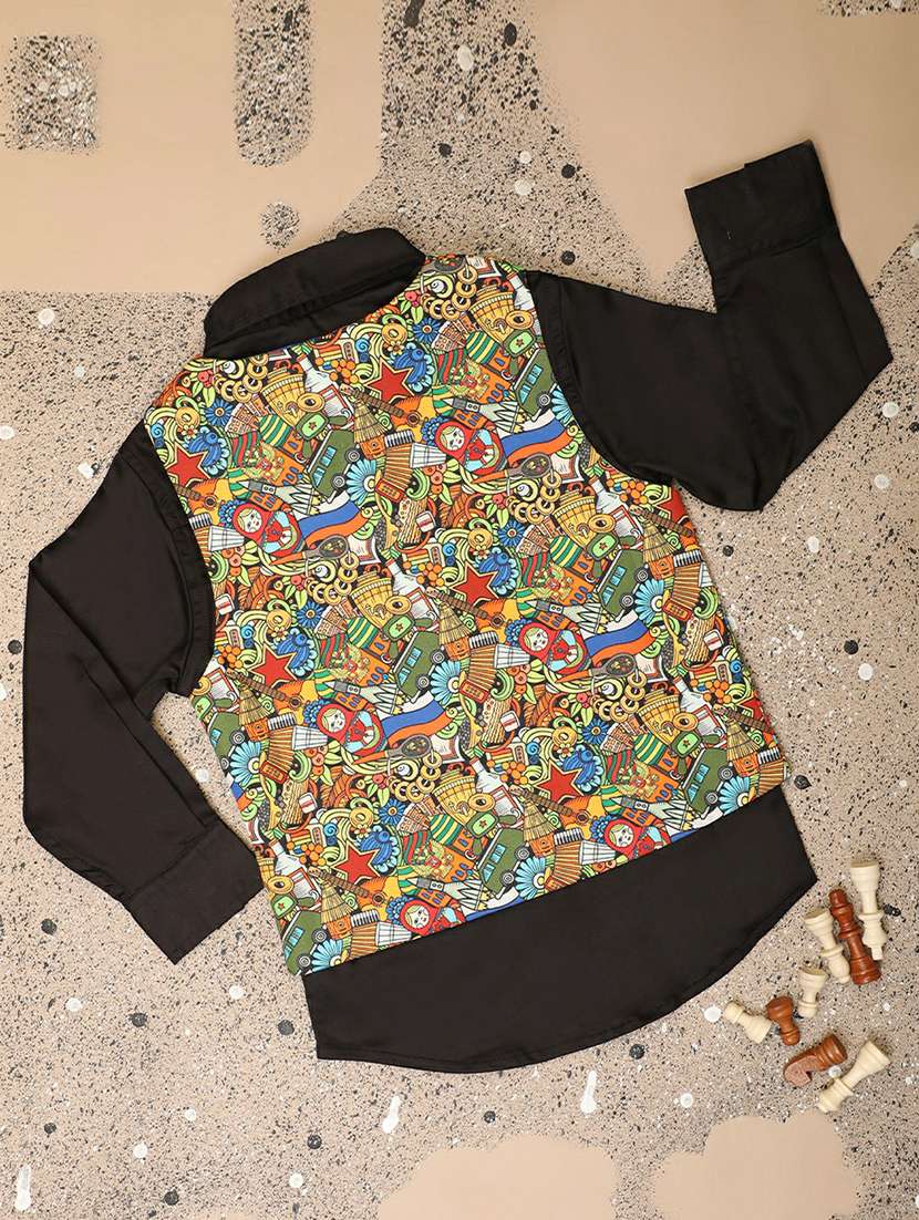 black solid shirt with printed nehru jacket - 20595461 -  Standard Image - 1