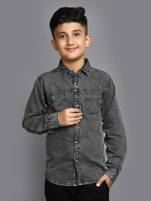 boys grey casual denim shirt - 20595463 - Standard Image - 0