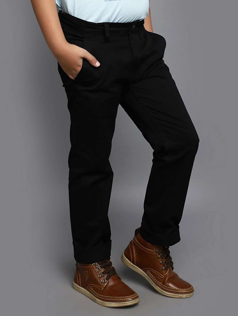 boys solid black chino trousers - 20595491 -  Standard Image - 1