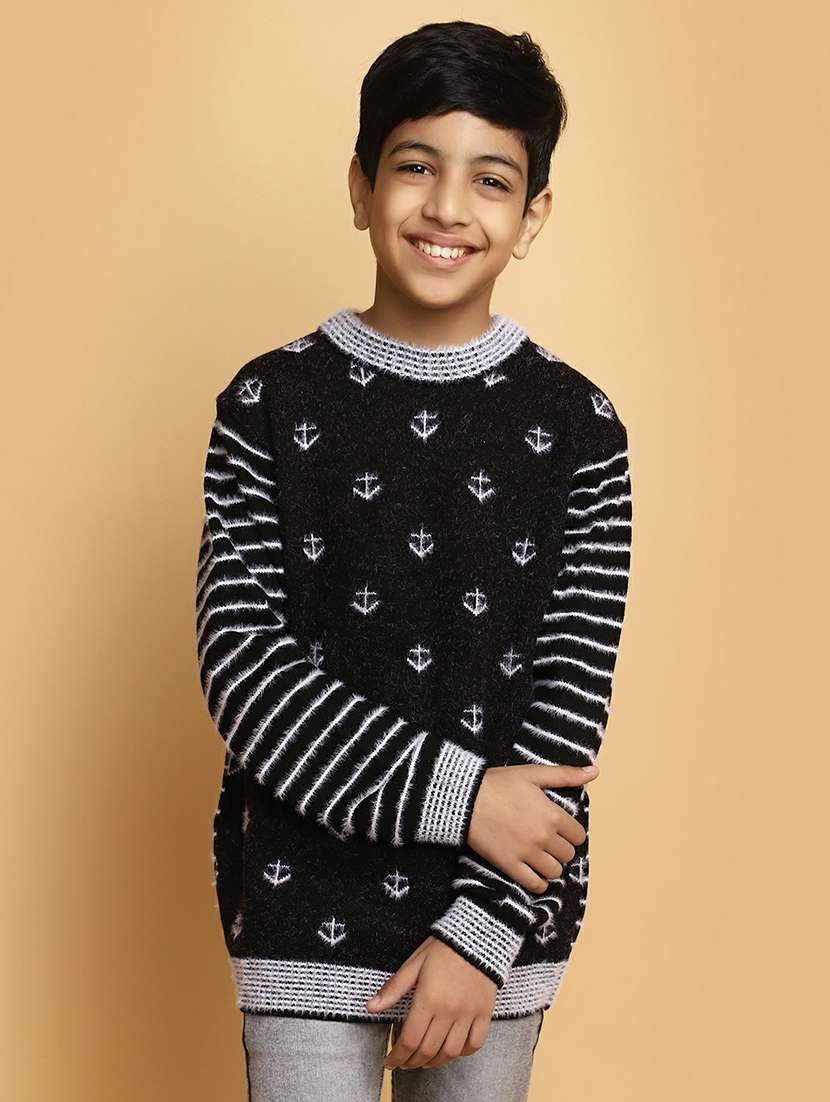 boys black & white self design sweater