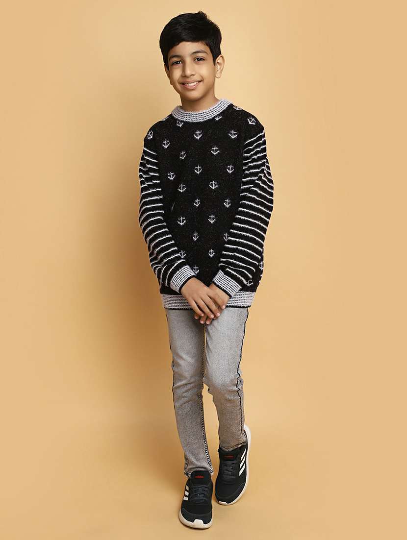 boys black & white self design sweater - 20595705 -  Standard Image - 4