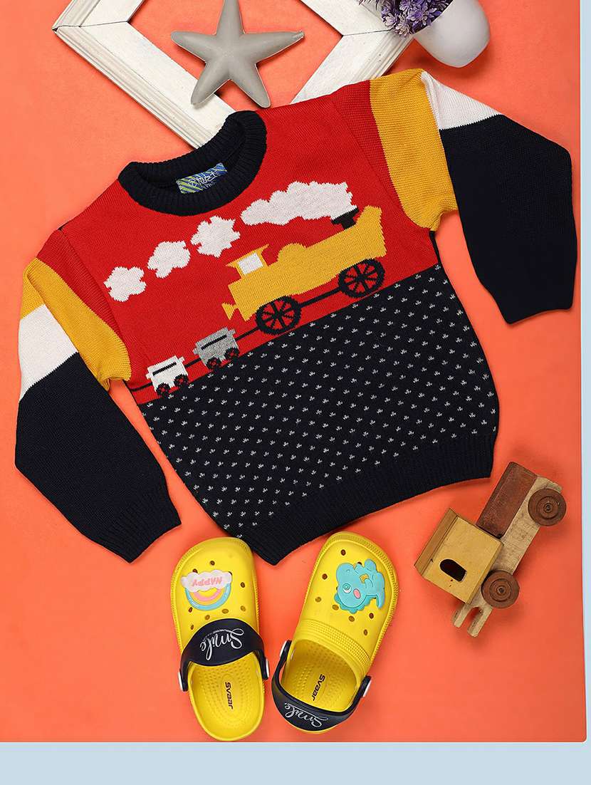 boys red printed round neck sweater