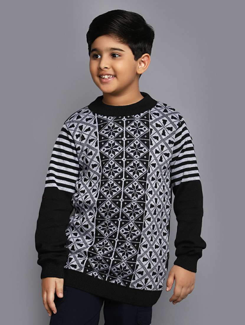 boys black printed round neck sweater - 20595734 -  Standard Image - 1