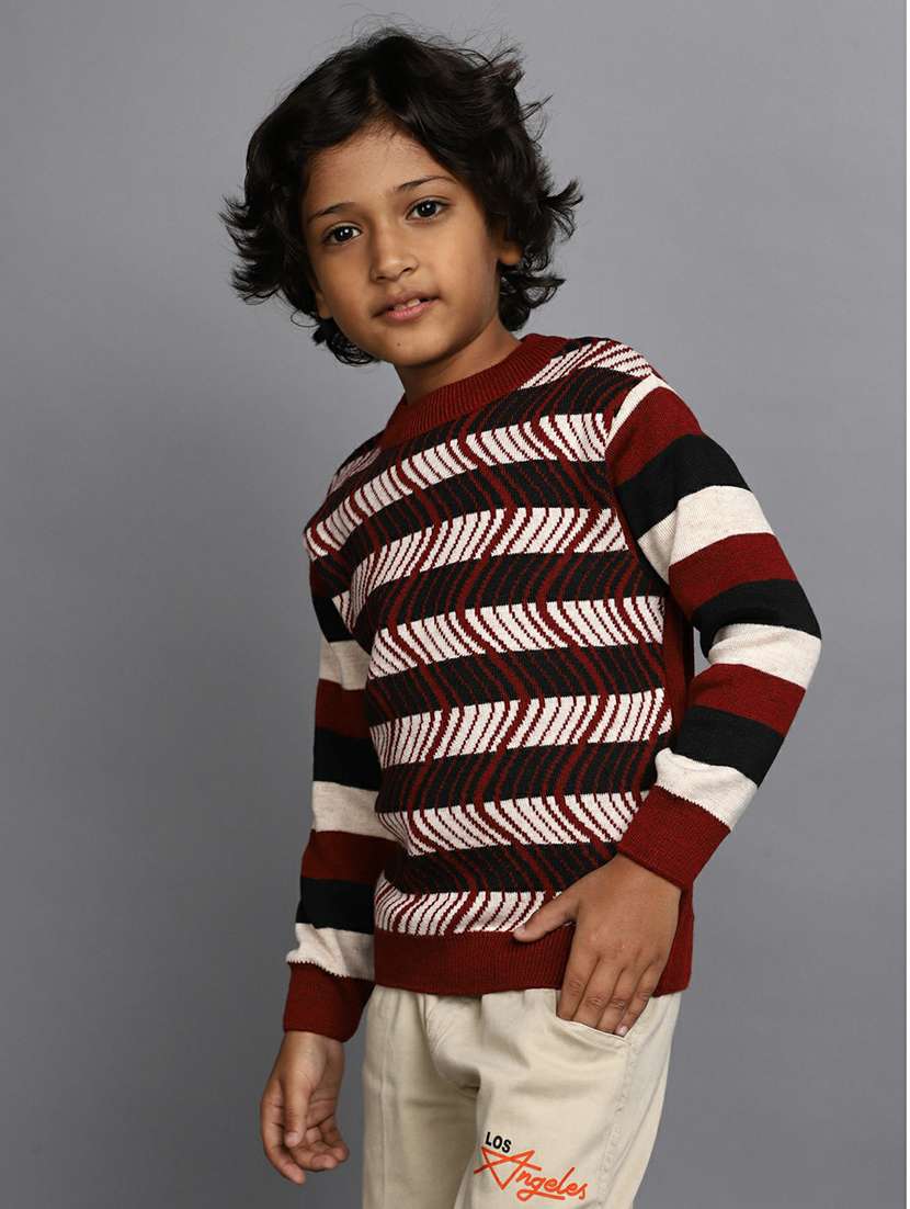 boys maroon striped full sleeve sweater - 20595737 -  Standard Image - 1