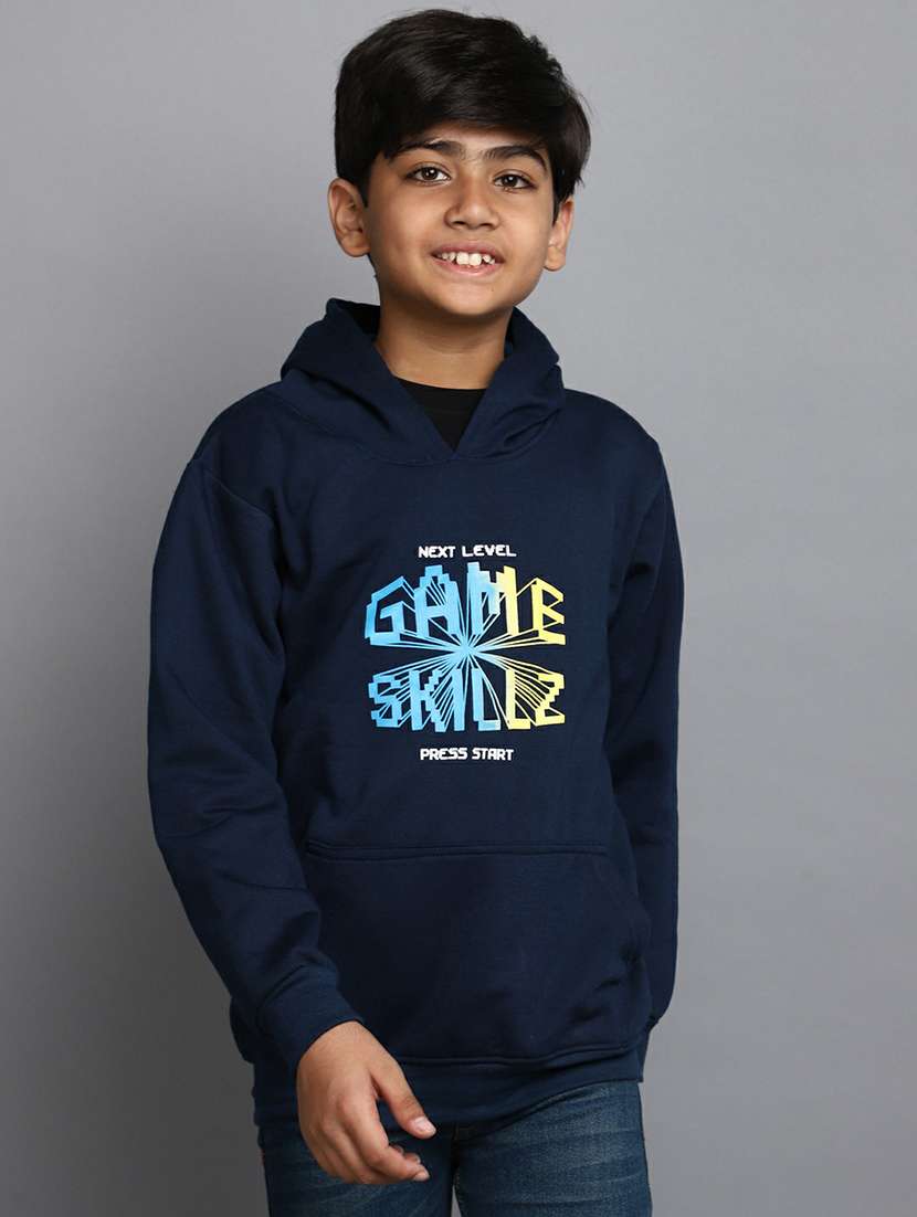 boys navy blue typographic hooded sweatshirt