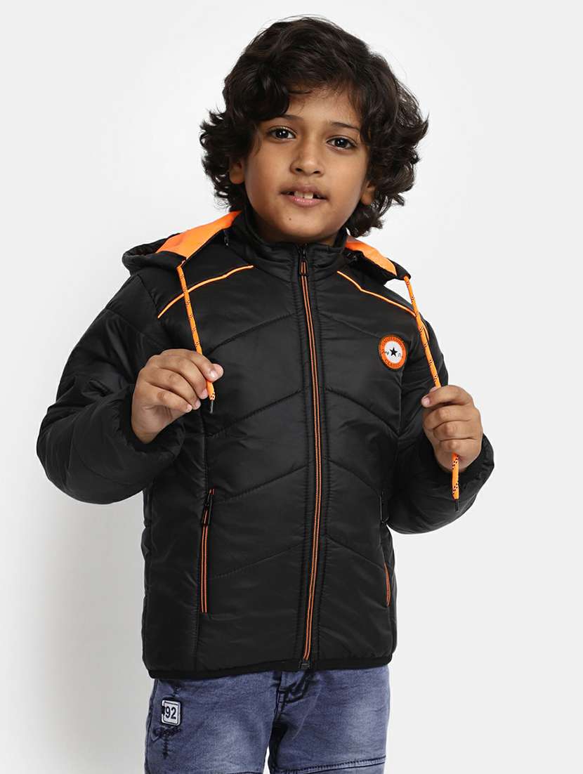 boys black hooded quilted jacket