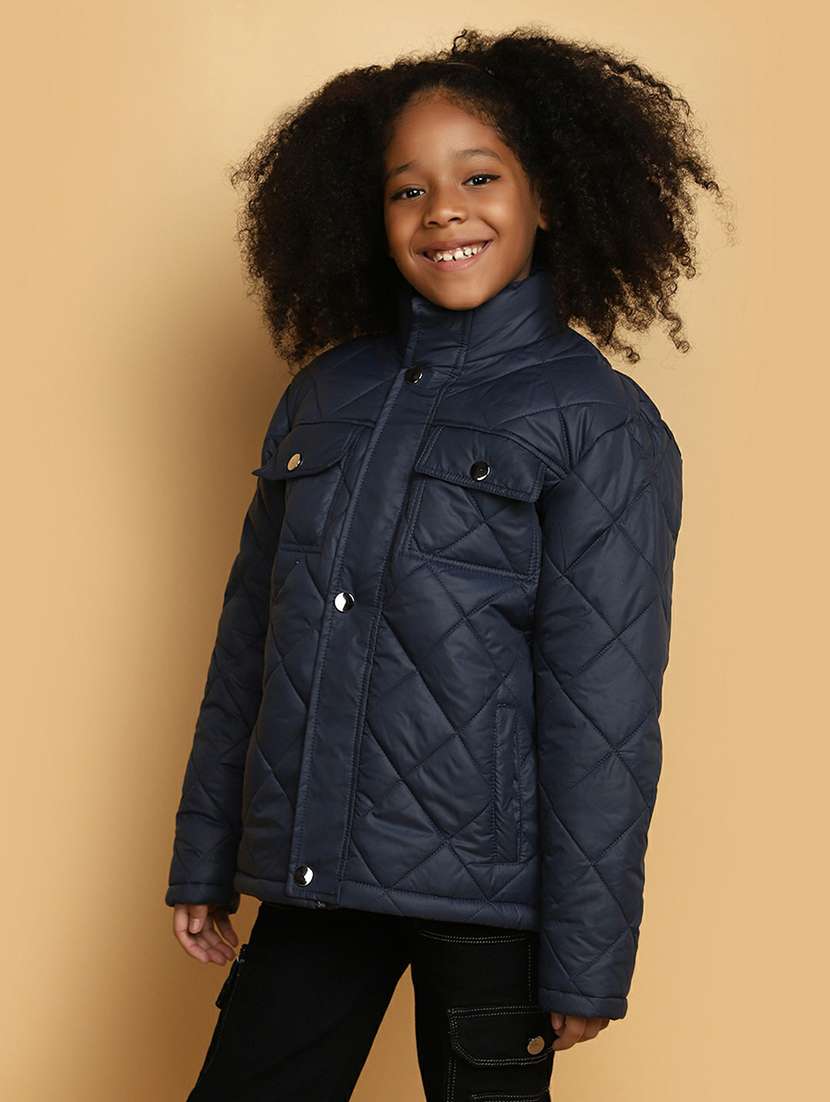 girls navy blue solid quilted jacket - 20595918 -  Standard Image - 1