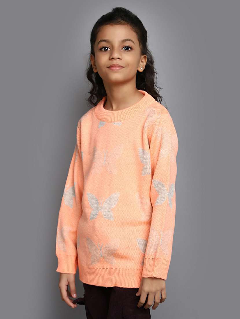 girls self design round neck peach sweater