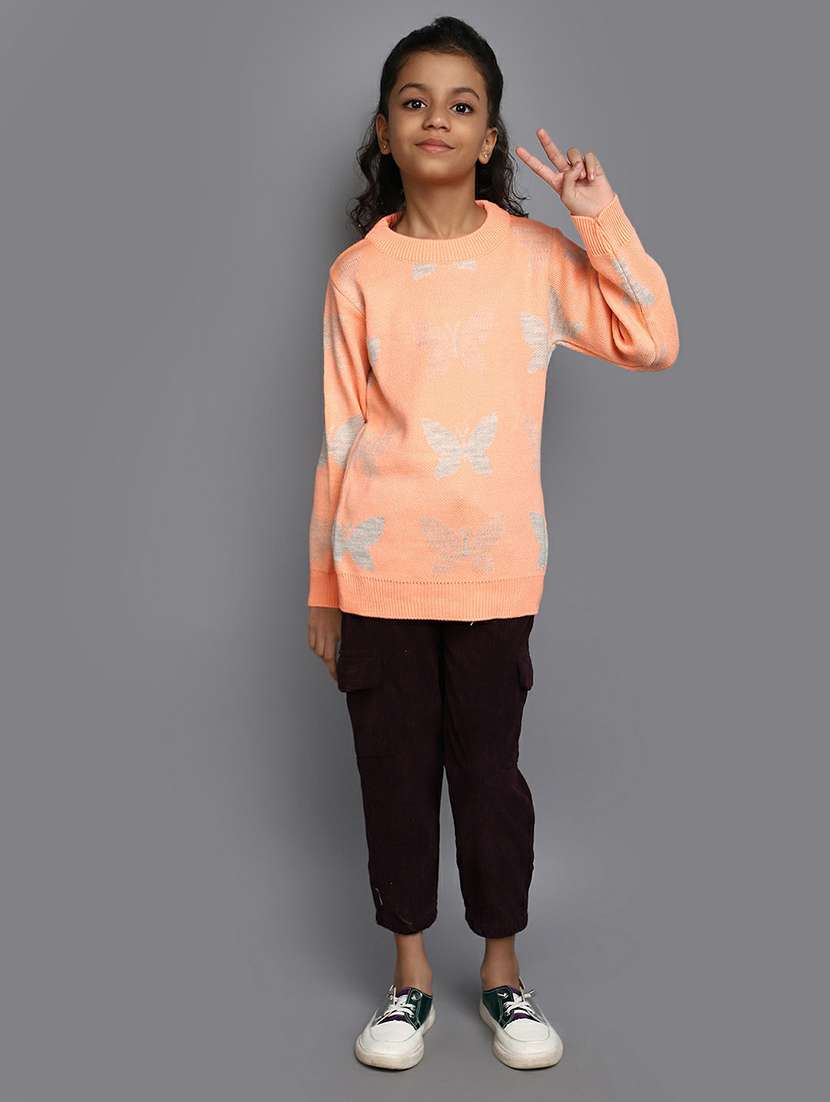 girls self design round neck peach sweater - 20595957 -  Standard Image - 4