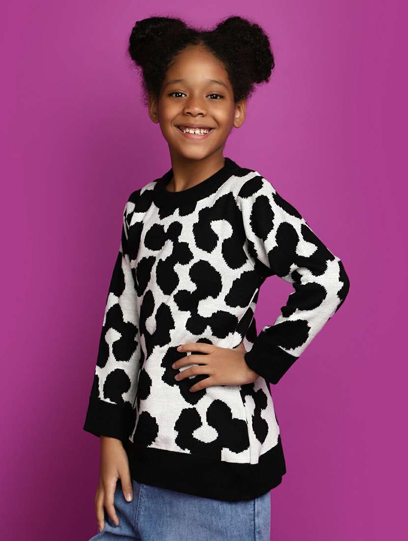 girls self design black & white sweater - 20595958 -  Standard Image - 1