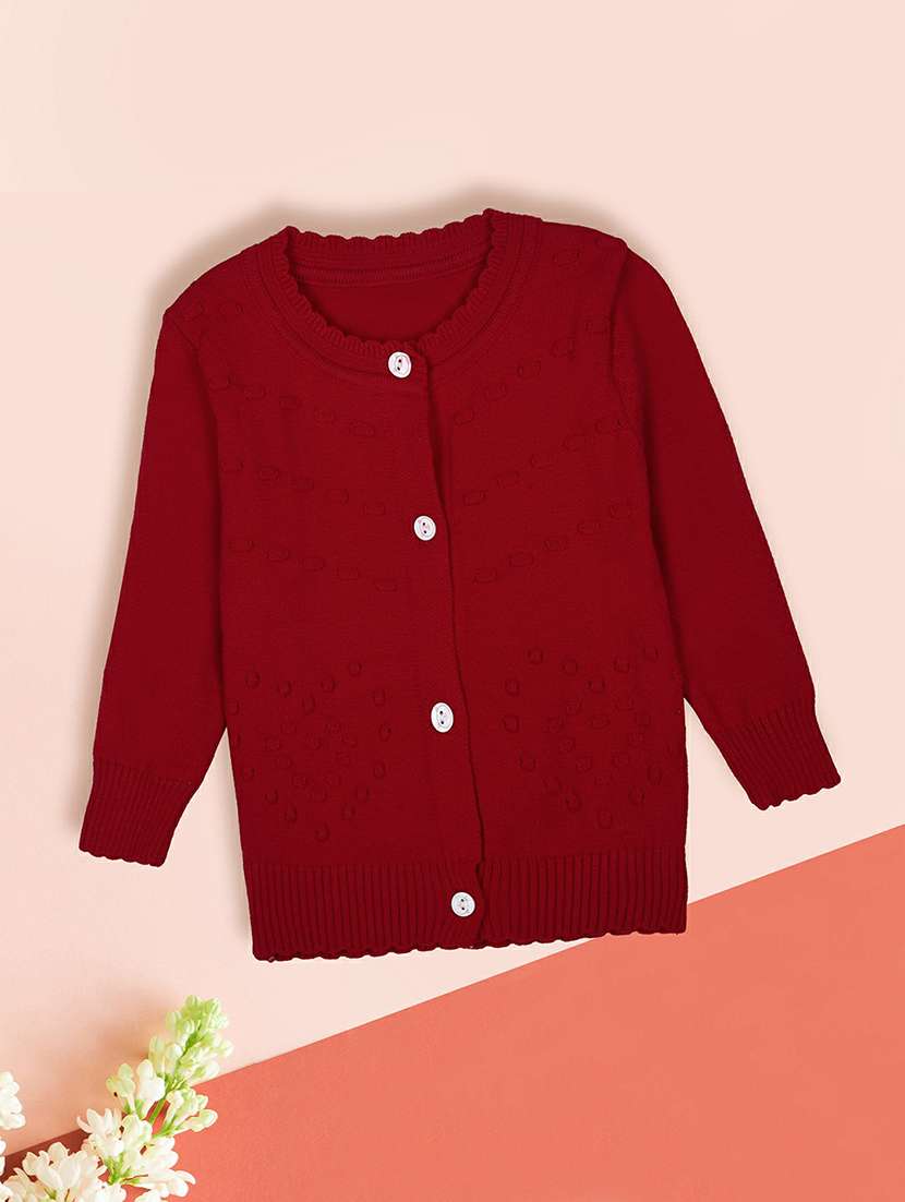 girls self design red cardigan