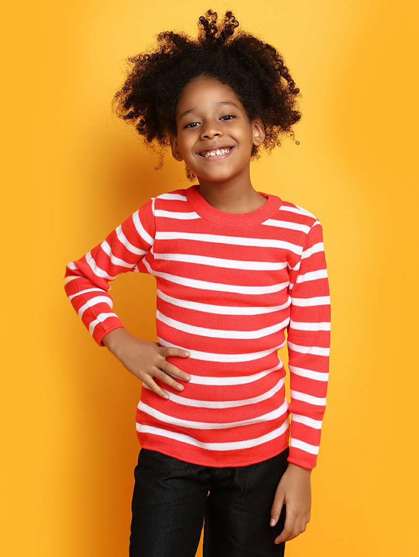 girls coral red & white striped sweater