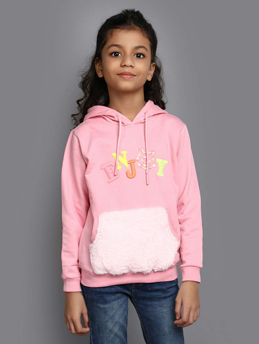 kids pink front embroidery detailed hooded sweatshirt
