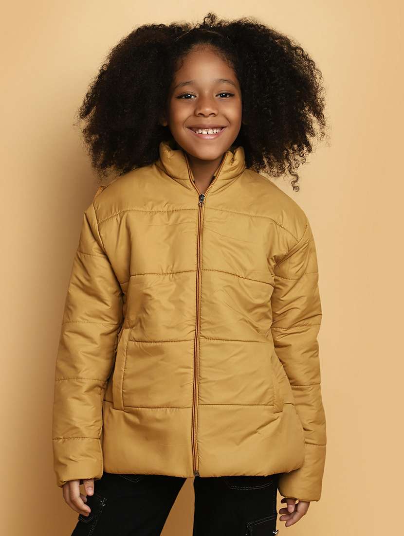 girls gold solid quilted jacket