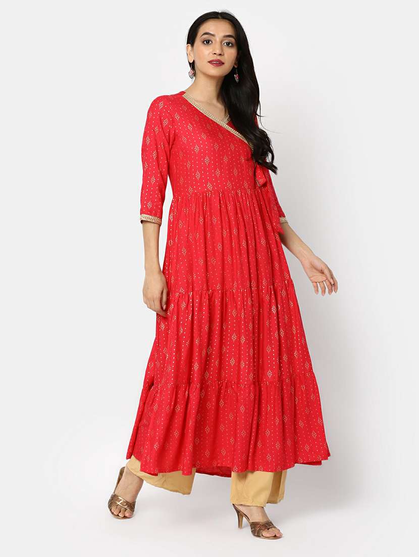 women red printed knot detailed ethnic dress - 20596110 -  Standard Image - 1