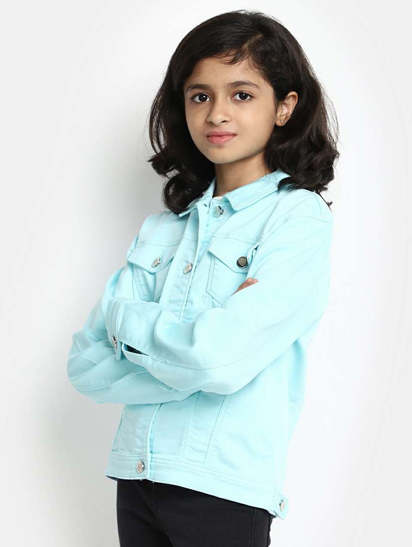 girls blue cotton regular solid jacket - 20596129 - Standard Image - 1