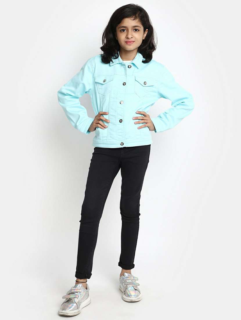 girls blue cotton regular solid jacket - 20596129 - Standard Image - 4