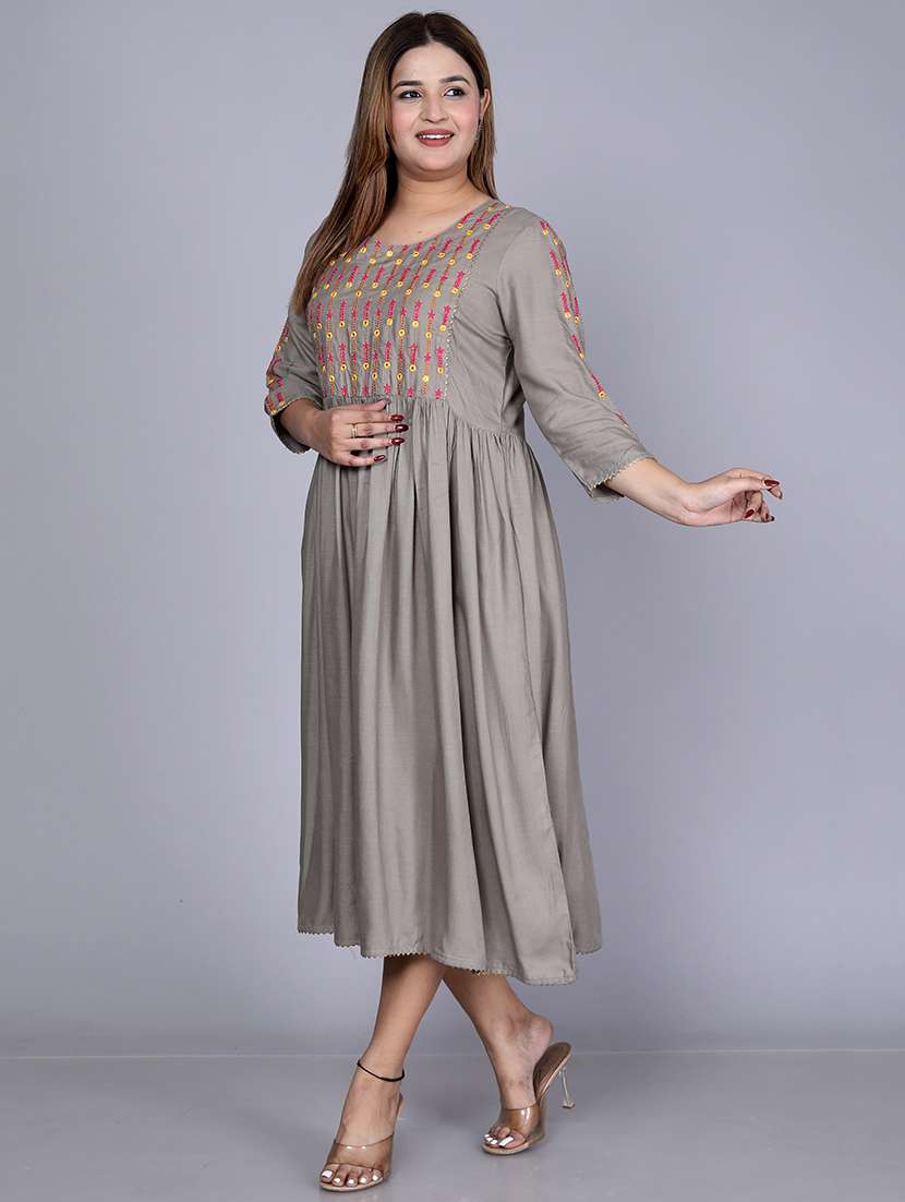 slim fit dress slacks Grey & Green Printed Woven A-Line Ethnic Dress – Unique & Stylish main image 1