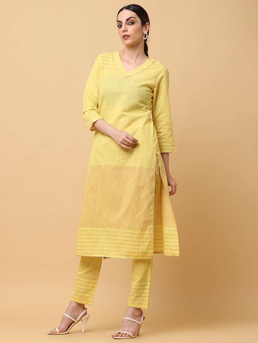 yellow three quarter sleeve kurta pant set