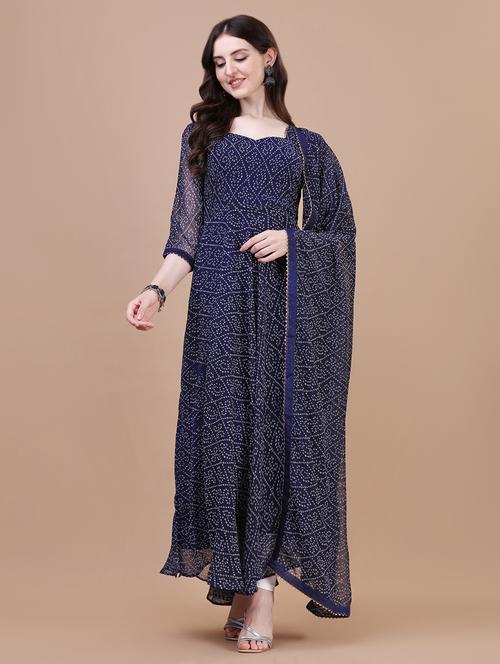 women blue three quarter sleeve kurta dupatta set - 20598441 - Standard Image - 0