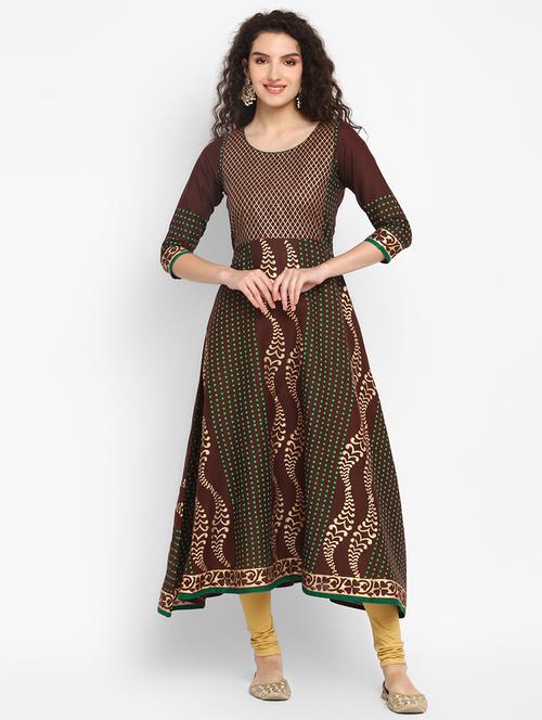 women brown round neck a-line kurta - 20598448 -  Standard Image - 0
