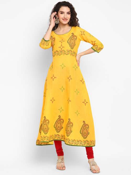 women yellow round neck a-line kurta - 20598450 - Standard Image - 0