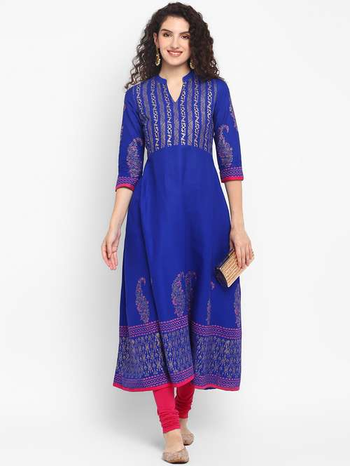 women blue mandarin neck a-line kurta - 20598452 -  Standard Image - 0