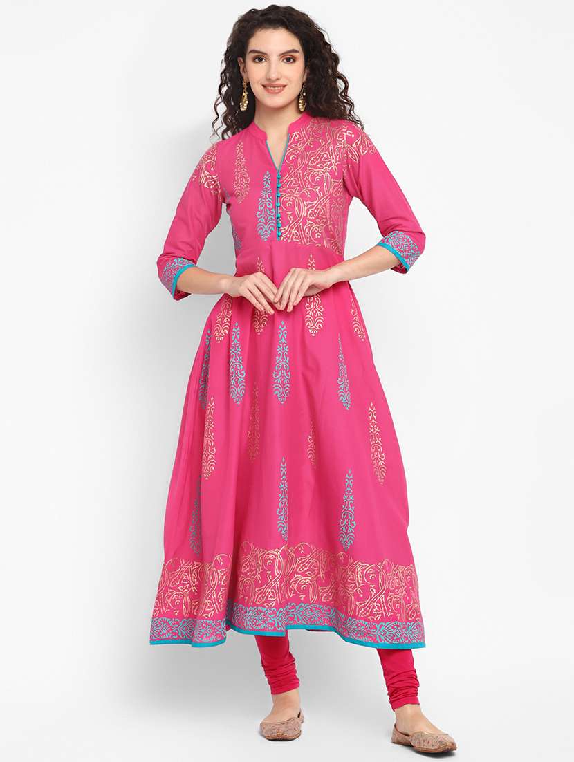 women pink mandarin neck a-line kurta - 20598453 - Zoom Image - 0