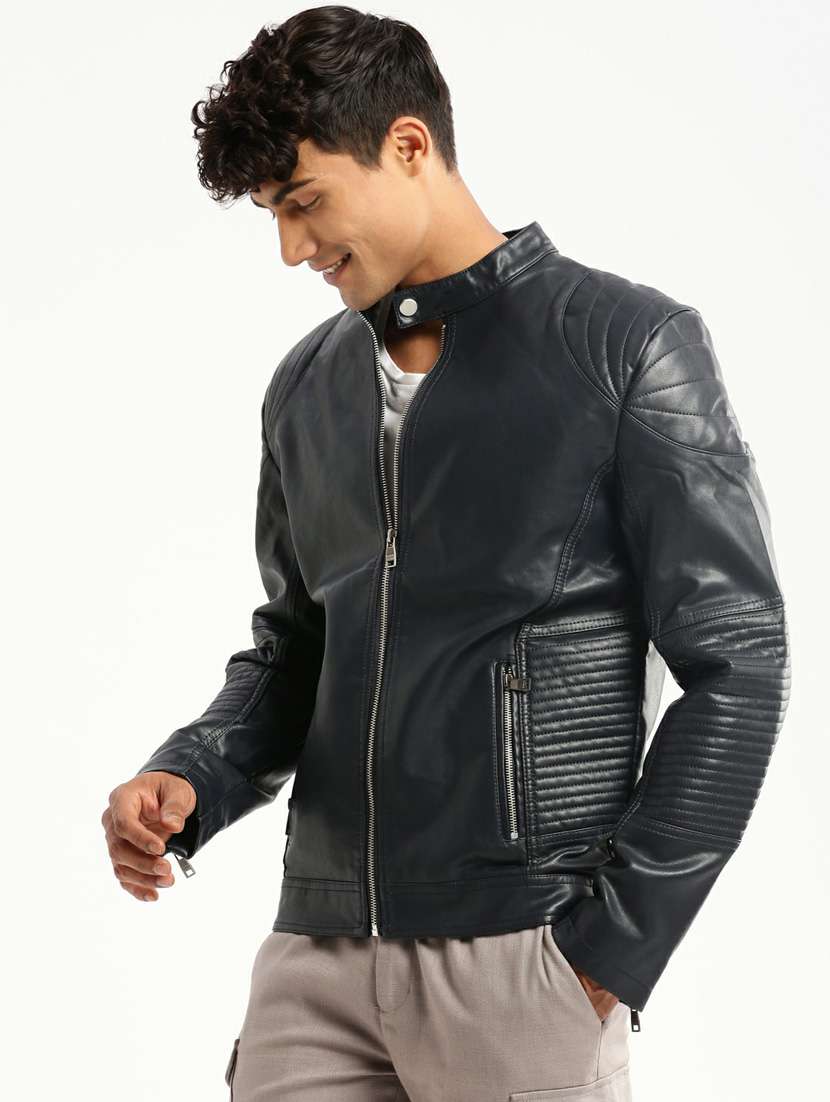 Navy Blue Faux Leather Bomber Jacket - 20598512 -  Standard Image - 1