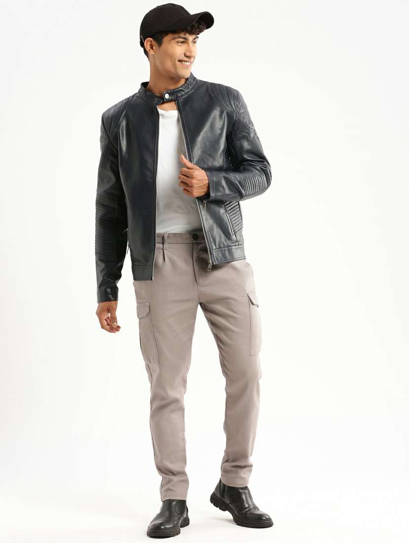 Navy Blue Faux Leather Bomber Jacket - 20598512 -  Standard Image - 4