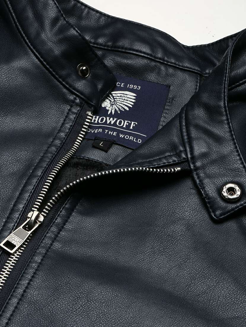 Navy Blue Faux Leather Bomber Jacket - 20598512 -  Standard Image - 6