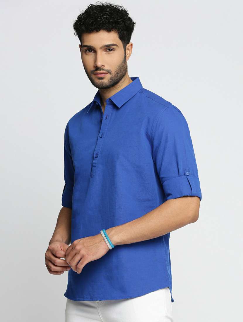 men blue linen short kurtas kurta - 20598547 -  Standard Image - 1