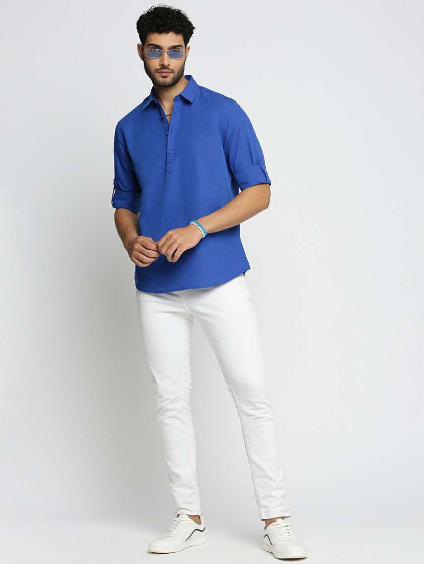 men blue linen short kurtas kurta - 20598547 -  Standard Image - 4