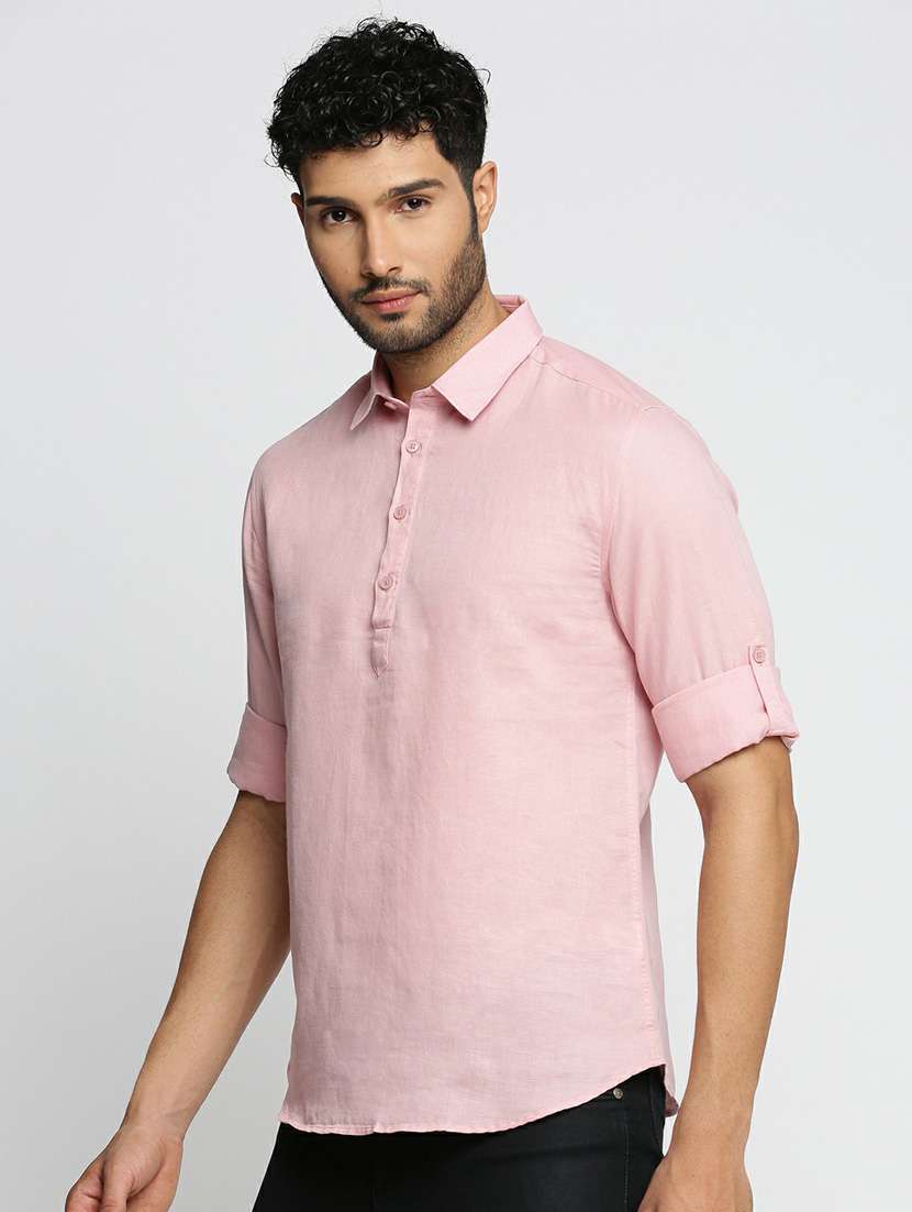 men solid linen short kurta - 20598548 -  Standard Image - 1