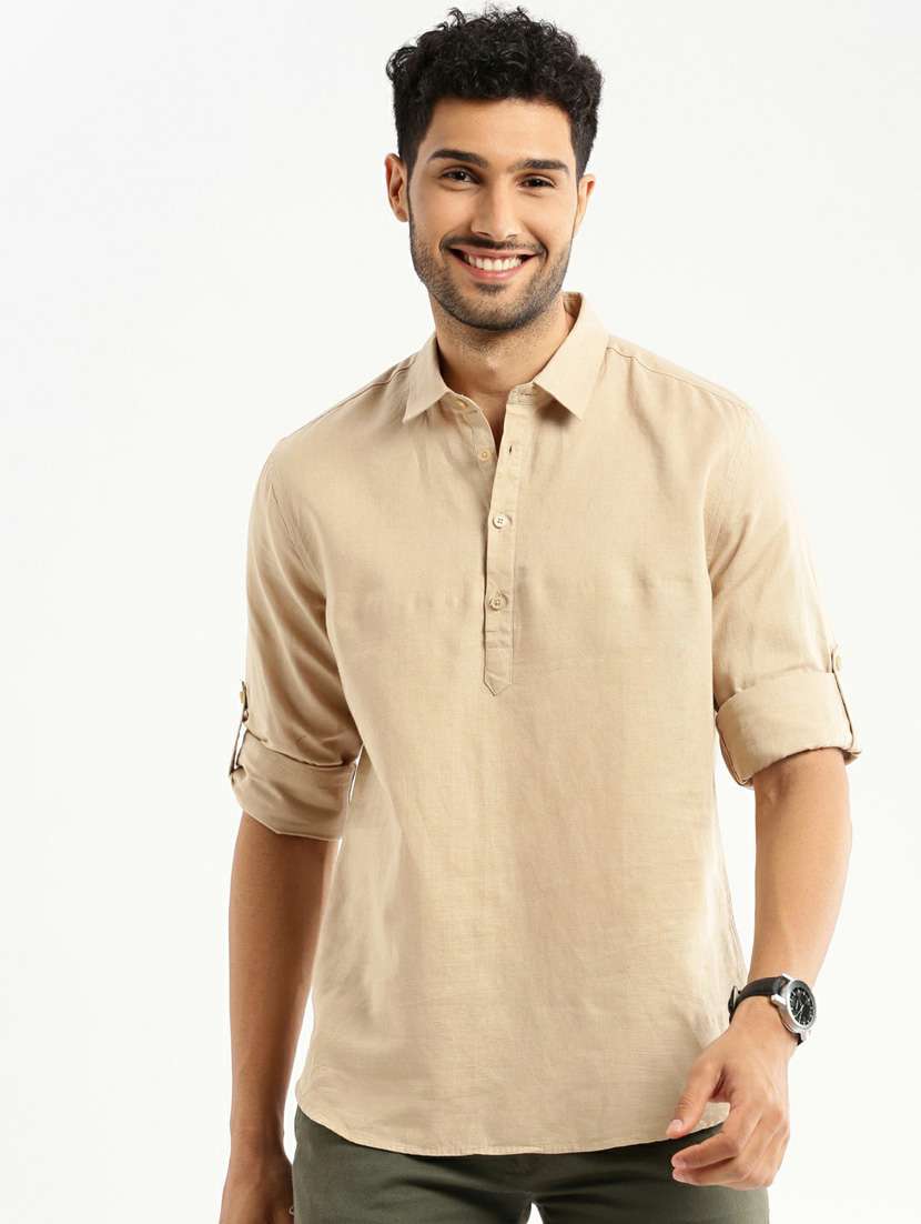 men solid linen short kurta