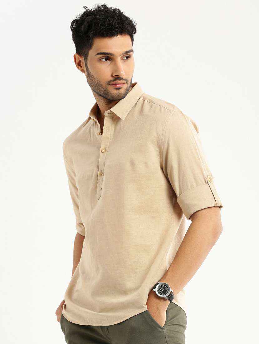 men solid linen short kurta - 20598551 -  Standard Image - 1