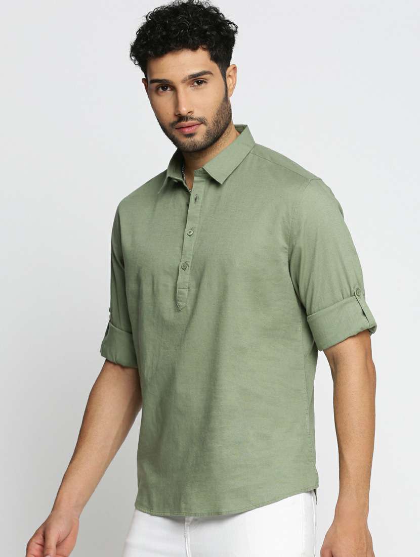 men solid linen short kurta - 20598553 -  Standard Image - 1